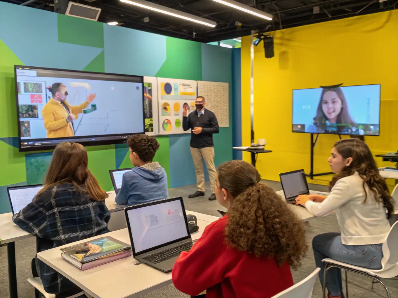 A vibrant virtual classroom scene with students and a teacher interacting via video conferencing. The setting is a modern and engaging virtual environment.