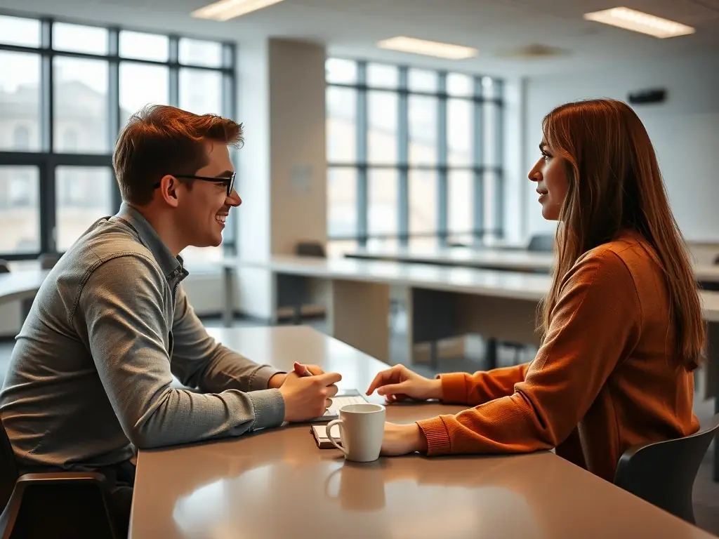 A student is interacting with an AI tutor on a tablet, with a friendly and encouraging interface. The background shows a supportive learning environment.