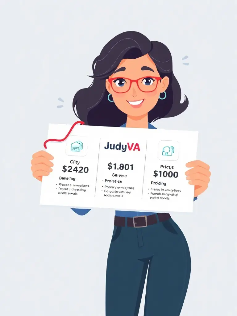 A graphic depicting JudyVA explaining various service packages offered by a business, highlighting key benefits and pricing.