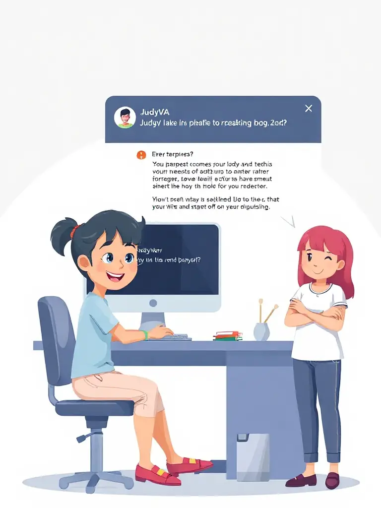 An illustration of JudyVA answering a complex question about a company's services, with a satisfied customer avatar nearby.