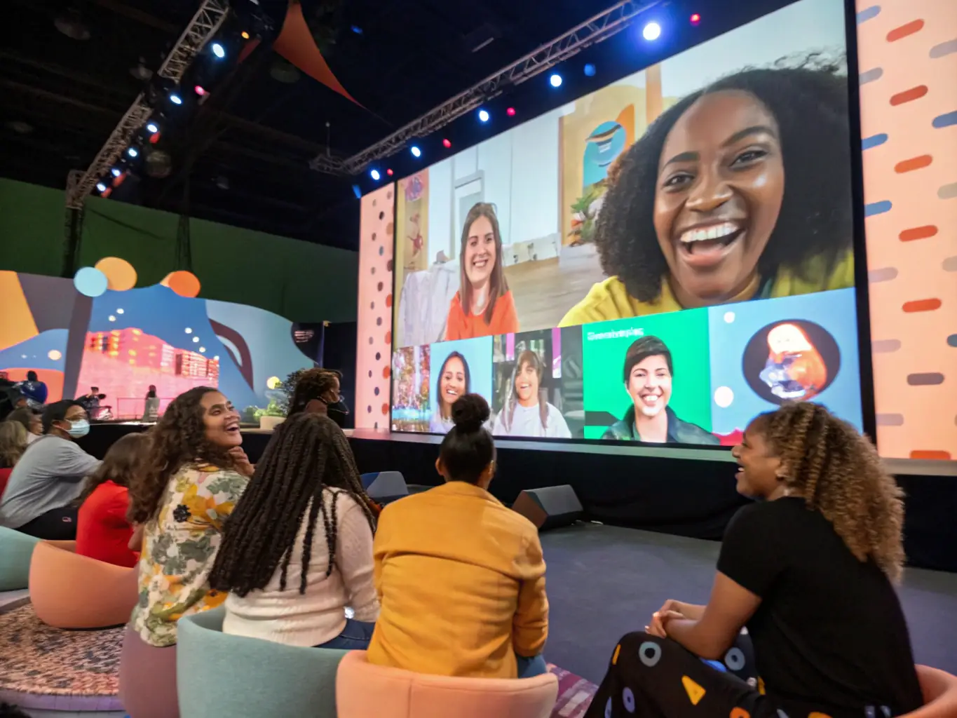 A vibrant image showcasing a diverse group of people interacting with a digital screen displaying JudyVA, symbolizing enhanced customer engagement.