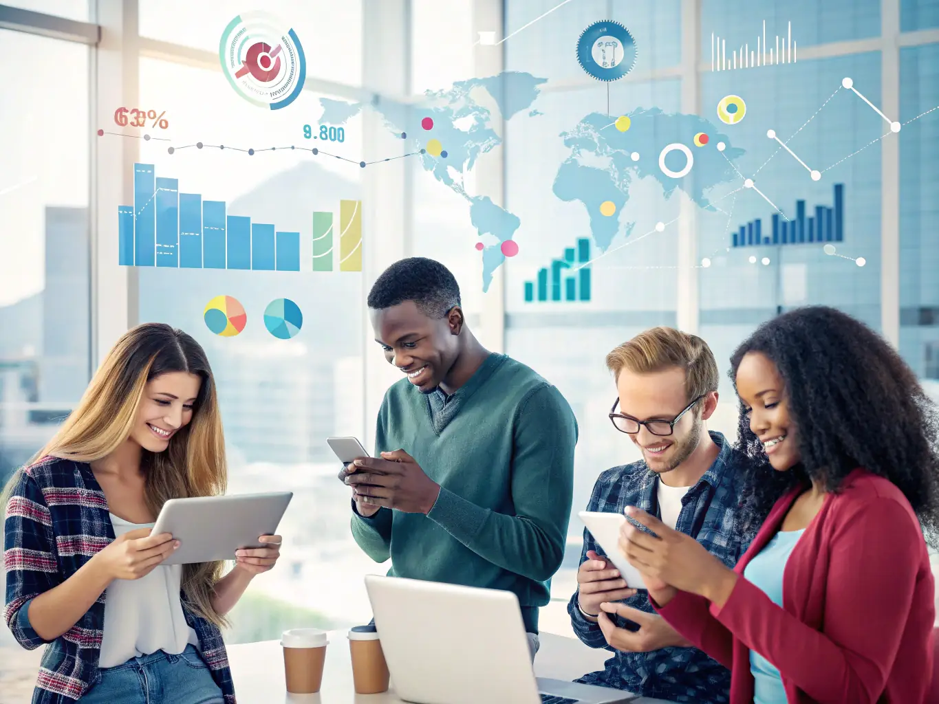 A digital illustration depicting a diverse team collaborating around a holographic display showcasing AI-driven data analytics, symbolizing improved decision-making.