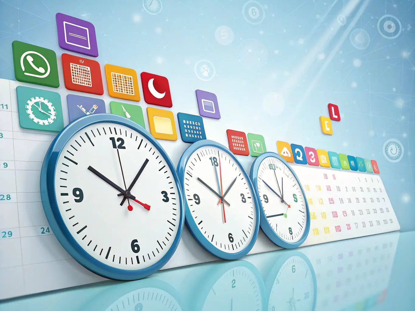 A digital illustration depicting a clock with a smiling face, representing 24/7 availability, with chat bubbles floating around it, symbolizing constant communication.